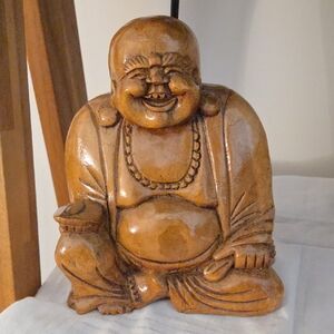 Hand Carved Wooden Laughing Buddha Figurine